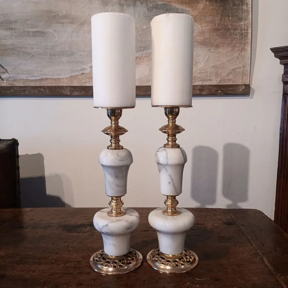 VTG 50-60's Marble and Brass Candle Holders Pair 2 MCM Hollywood Regency Italy